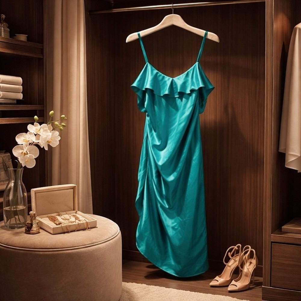Cinema Etoile L Y2K 90's Teal Satin Ruffle Slip Nightgown Spaghetti Flirty